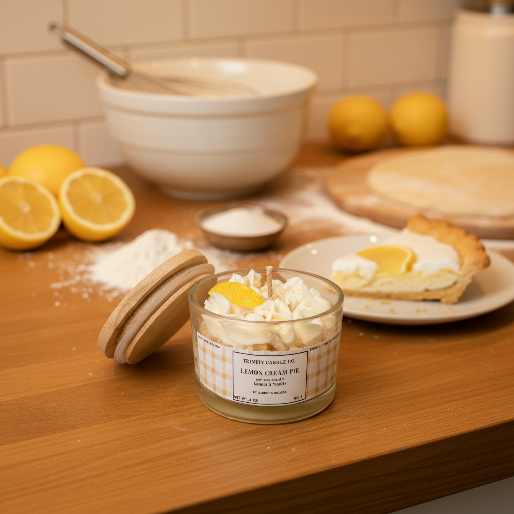 Lemon Cream Pie candle in cozy baking scene with fresh lemons
